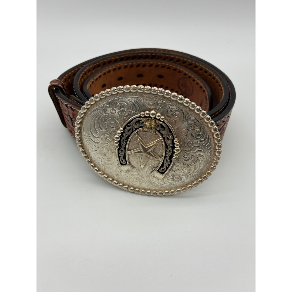 Montana Silversmiths Horseshoe Star Buckle Tooled Leather Western Belt 40 3870N
